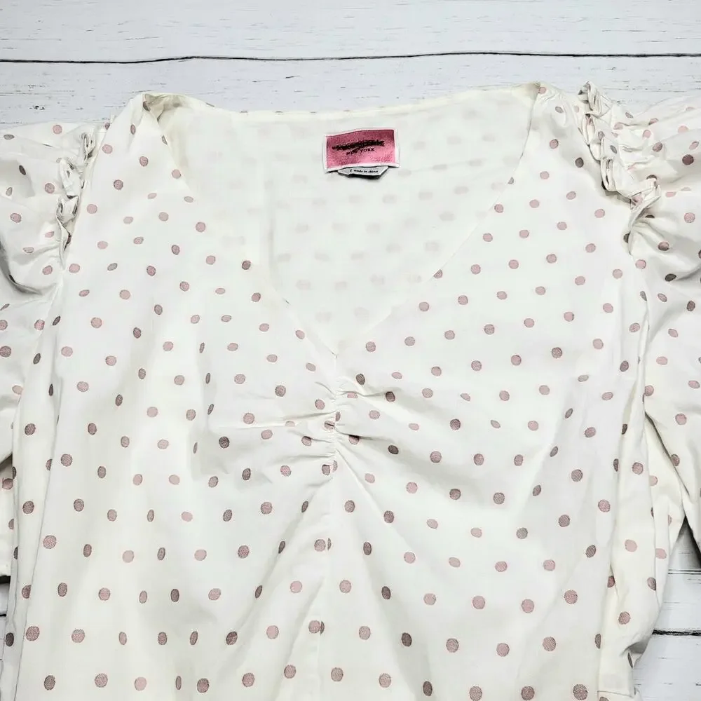 Kate Spade Puff Sleeve Polka Dot Mini Dress V Neck White Pink Tie Cotton Large